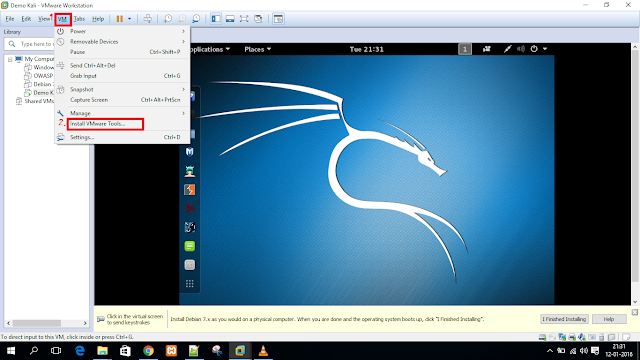 After login in kali click on vm in vm menu then select Install VMware Tool